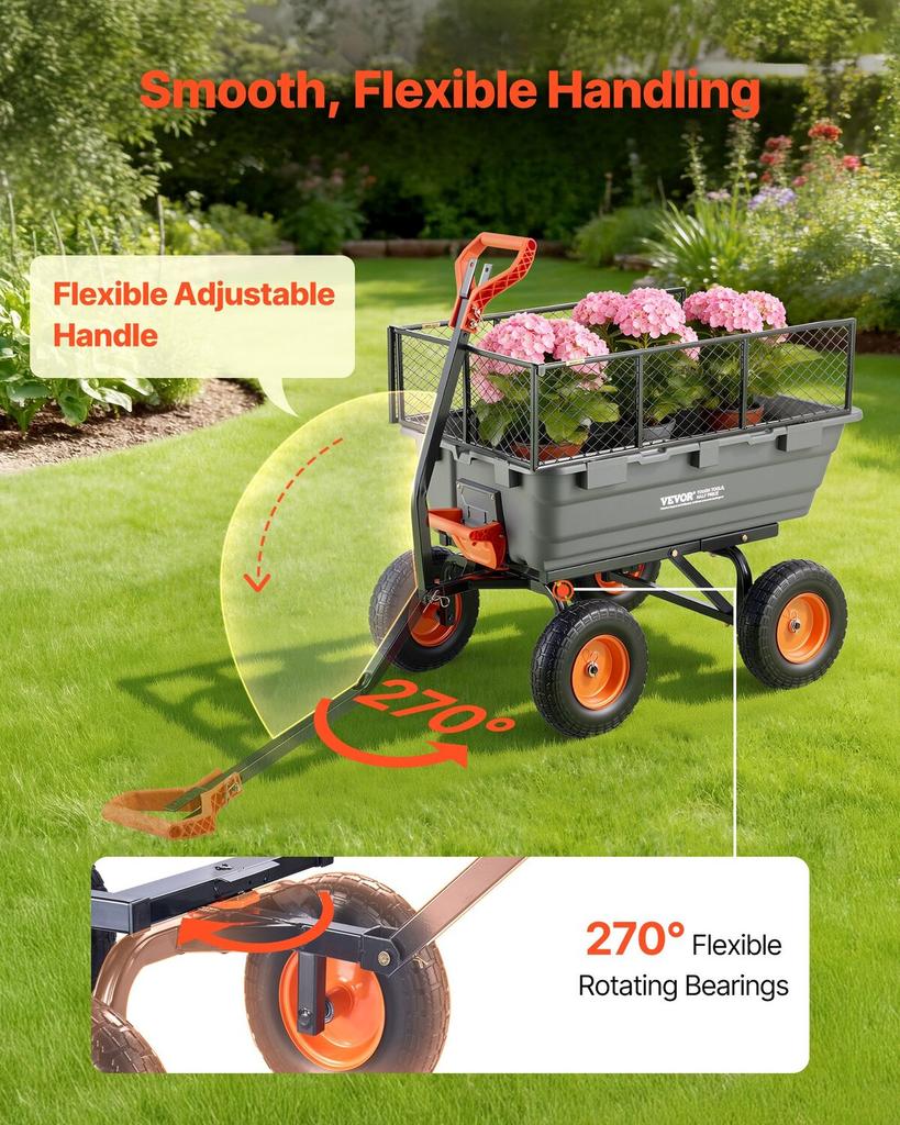 Garden Dump Cart, 544 kg Poly Dump Cart, Garden Carts Dumps Wagon with Storage Fence, 2-in-1 Convertible Handle, 90° Quick-Dumps Mechanism, 180°