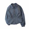 Korean Spring Casual Plaid Blue Women's Cropped Waist-Cinching Long Sleeve Shirt