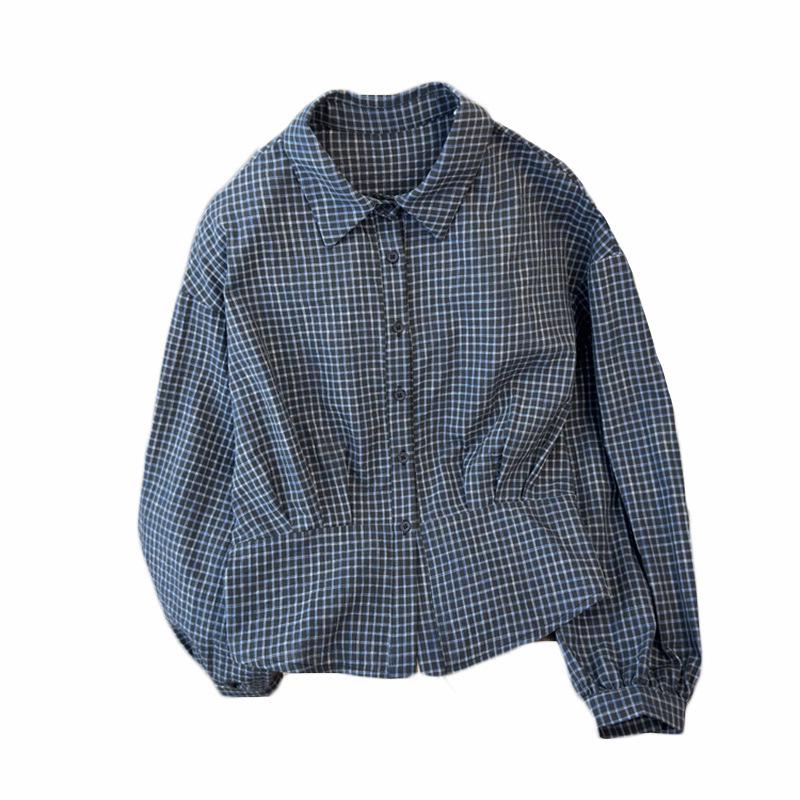Korean Spring Casual Plaid Blue Women's Cropped Waist-Cinching Long Sleeve Shirt