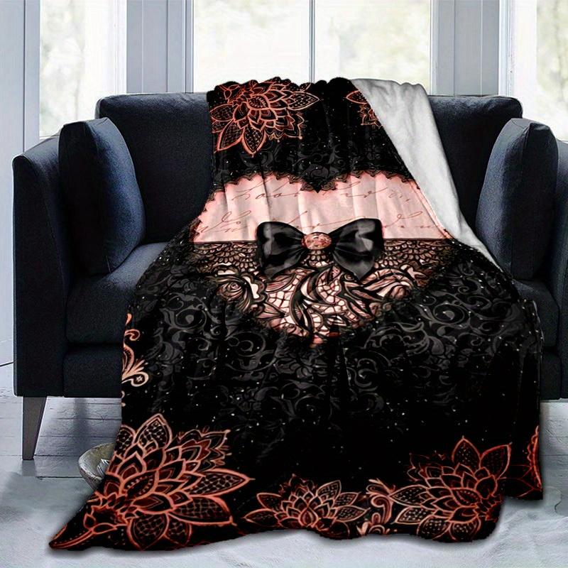 1pc. Elegant Black & Pink Floral Heart Bow Blanket - Home Decor, Office Throw, Outdoor 100x150cm