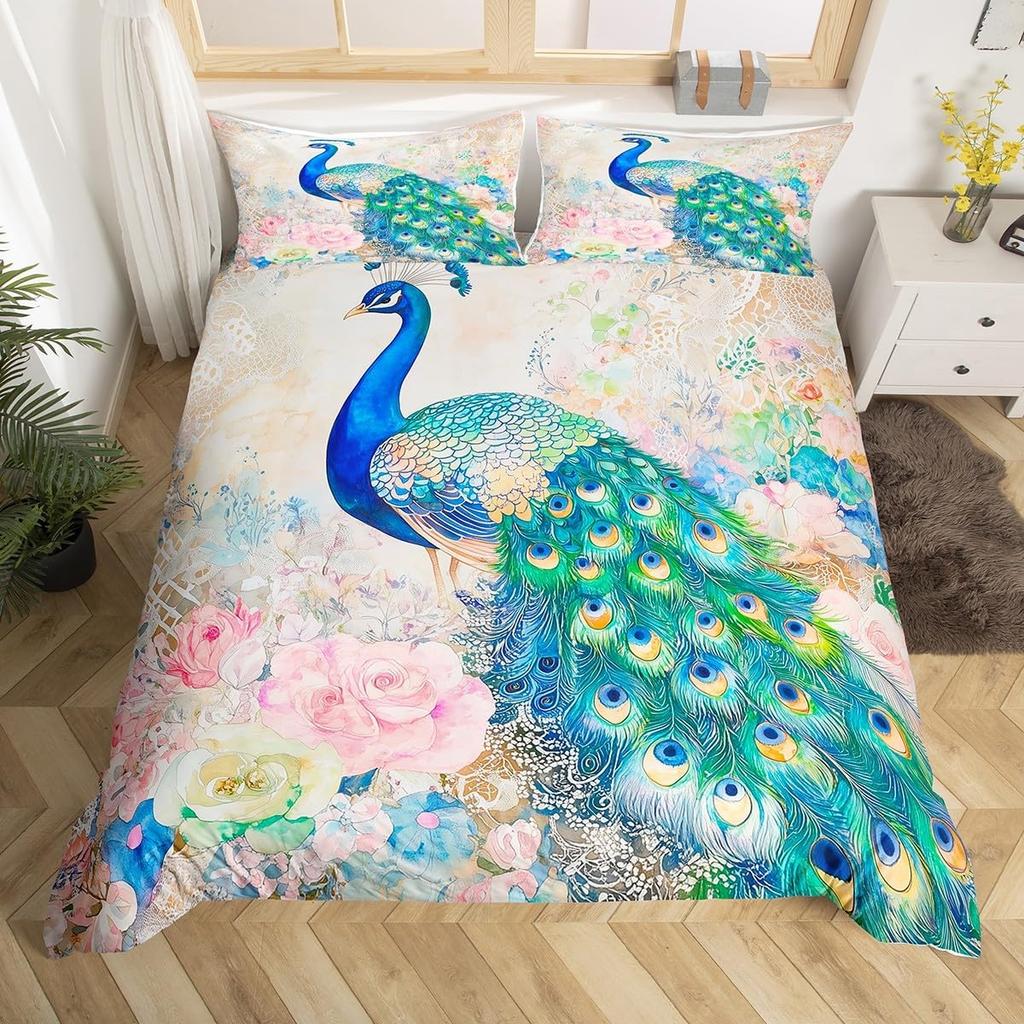 Feelyou Peacock Duvet Cover Twin Size Kids Peacock Feathers Design Floral Comforter Cover Set for Boys Girls Teens Animal Theme Bedding Set