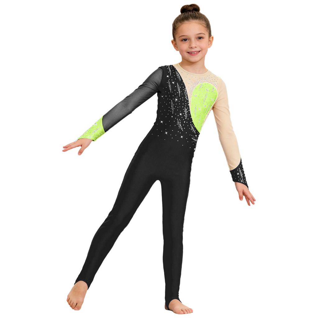 Veelzijdige Trainings- & Wedstrijdjumpsuit voor Kinderen Meisjes: Kenmerken Vingergaten, Mesh Patchwork & Strass Accenten