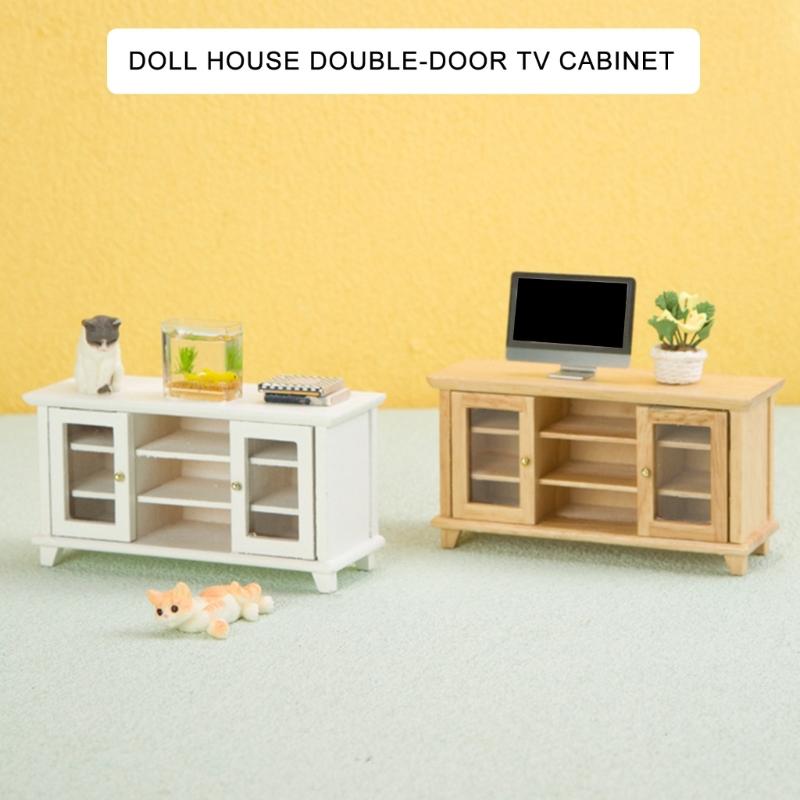 Fashionable Dollhouses Miniature Sturdy Wood TV Stand 1/12 Scale Living Room Furniture Pretend Play Accessory for Kids