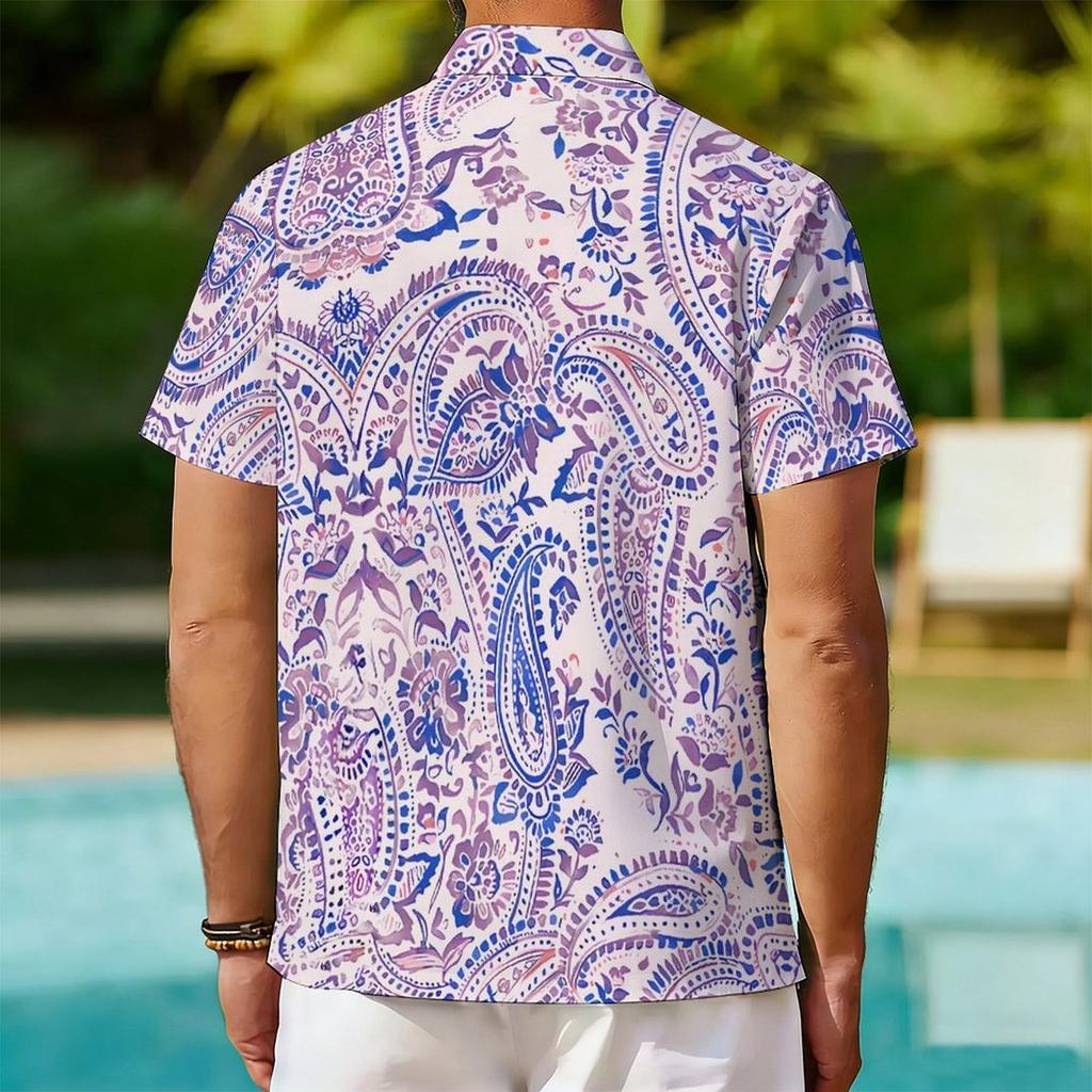Women Short Sleeve Shirt Purple With Multicolor Paisley Ethnic Pattern Lapel Button Up Top