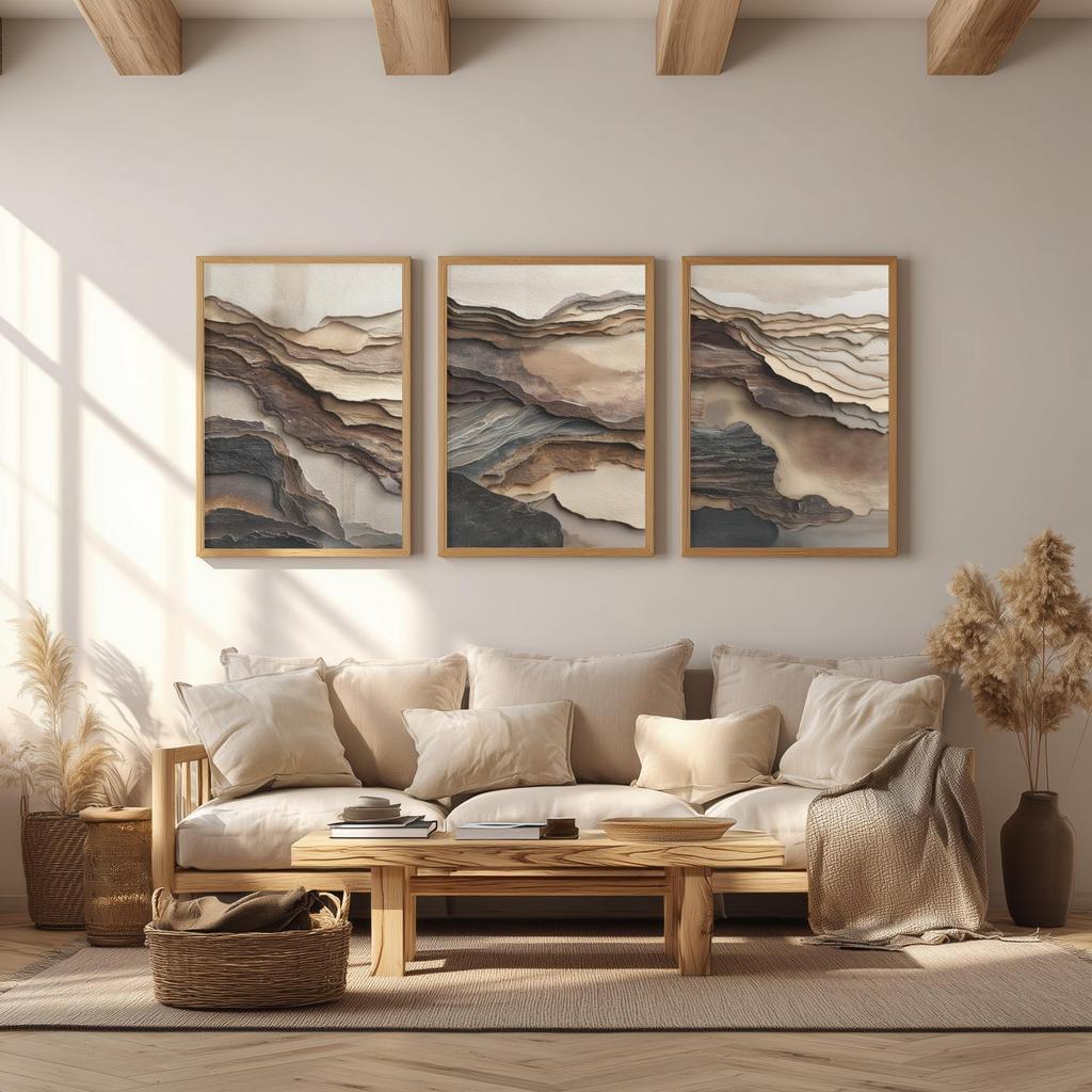 3Pcs Earth Tone Layered Mountain Wall Art, Japandi Wabi Sabi Textured Abstract Prints for Modern Living Room Home Interior Decor