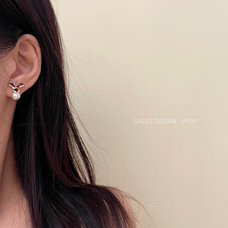 Korean Zirconia Enamel Flower Bow Earrings - Light Luxury, Versatile High-End Style.