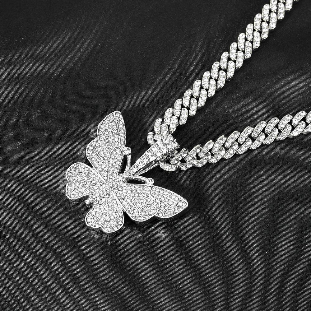 Men Women Hip Hop Iced Out Bling Butterfly Pendant Necklace with 9mm Miami Cuban Chain Hip Hop Necklaces Fashion Charm Jewelry