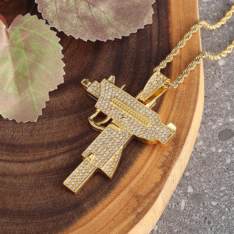Hip Hop Bling Iced Out Submachine Gun Pendant Necklace for Men Hip Hop Rock Street Party Cool Jewelry