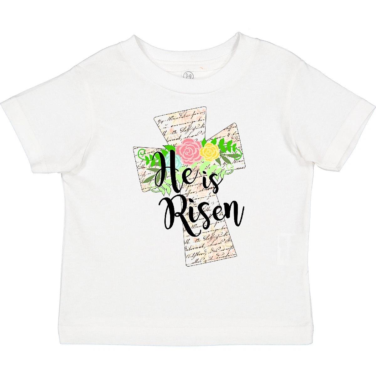 Inktastic He Is Risen Cross With Script And Flowers Toddler T-Shirt Boodlebug 120