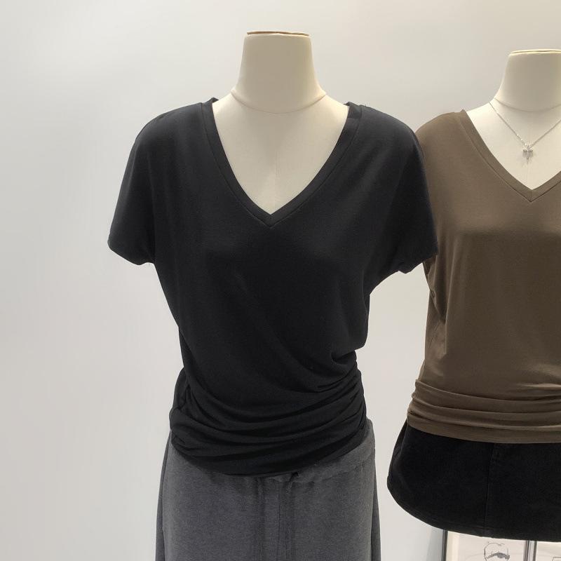 Retro V-Neck Short Sleeve T-Shirt - Women's Spring/Summer Basic Slim Mid-Length Top