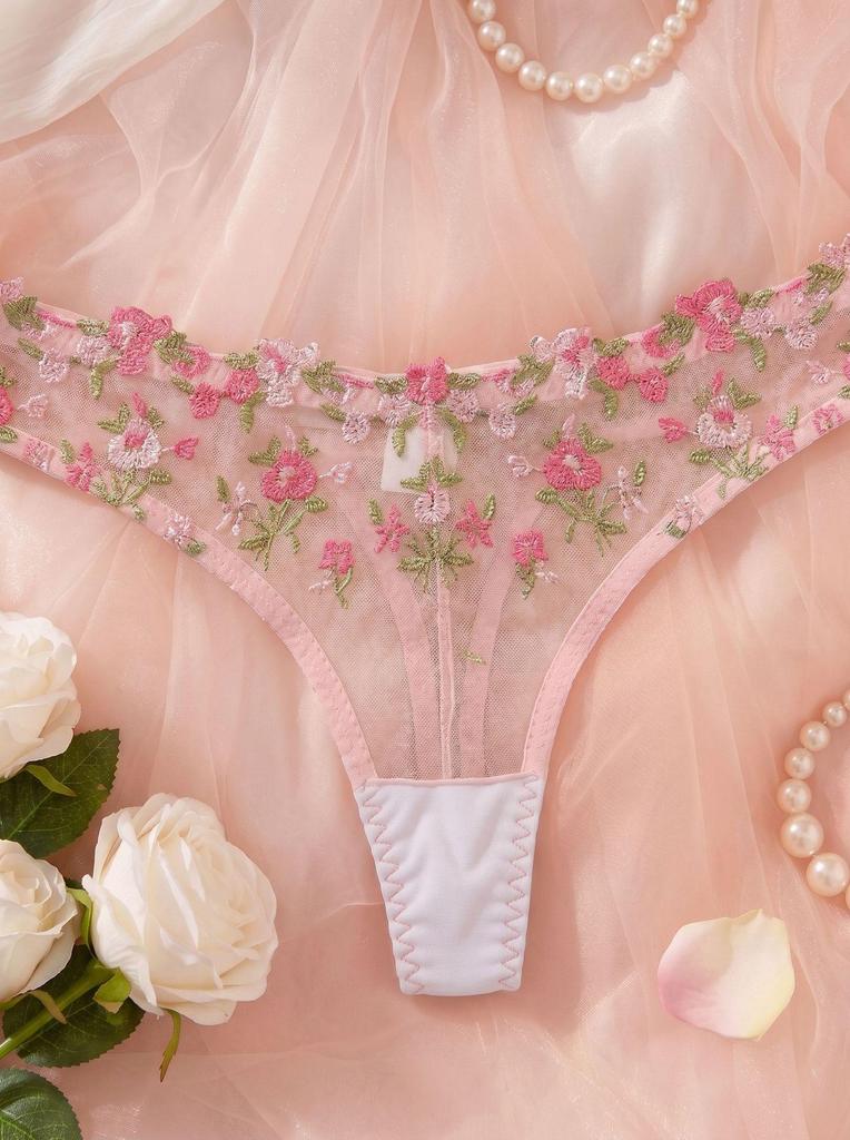 French Pink Floral Embroidered Bra and Thong Lingerie Set