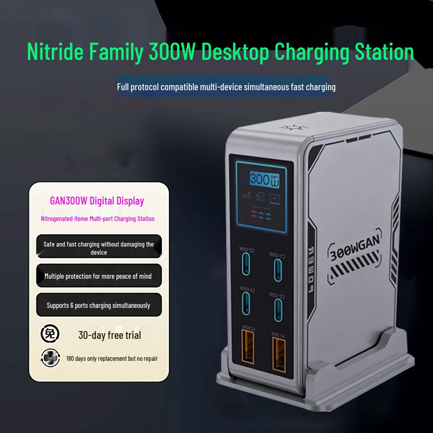 300W Gallium Nitride Multi-Port Fast Charger for Mobile Phones - Desktop Charging Station UK Plug серебряный серый