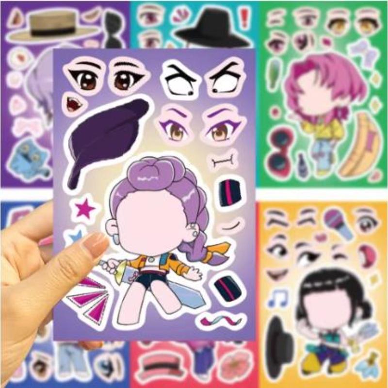 8/16/24Sheets Funny Kpop Demon Hunters Make A Face Puzzle Stickers Kids DIY Game Children Jigsaw  Toy Gift