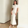 2025 Summer Floral Semi-High Collar Short Sleeve Bodycon Skirt Set