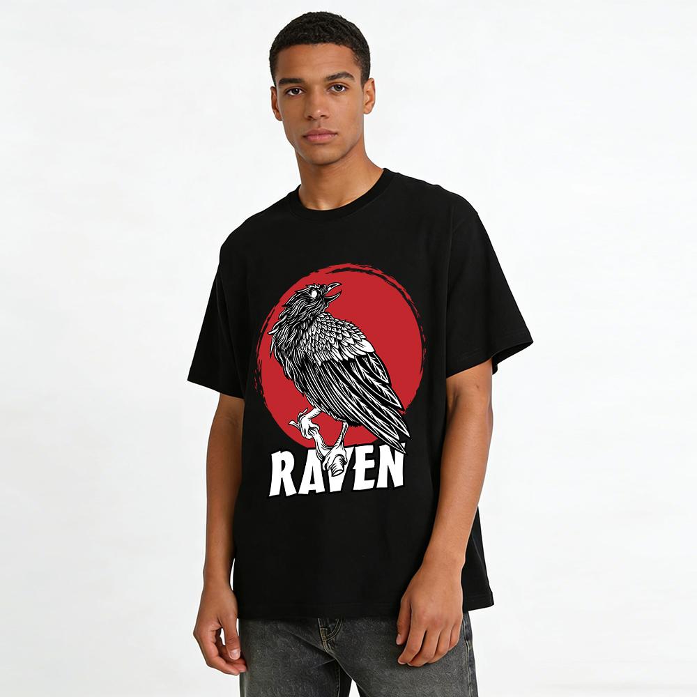 Vintage Raven Print Casual T-shirt Unisex Street Style Loose Top Pure cotton T-shirt