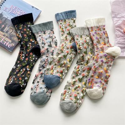 Women's Socks Thin Summer New Novelty Color Fashion Ladies Transparent Socks Breathable Korean Style Girls Flower Socks Modern