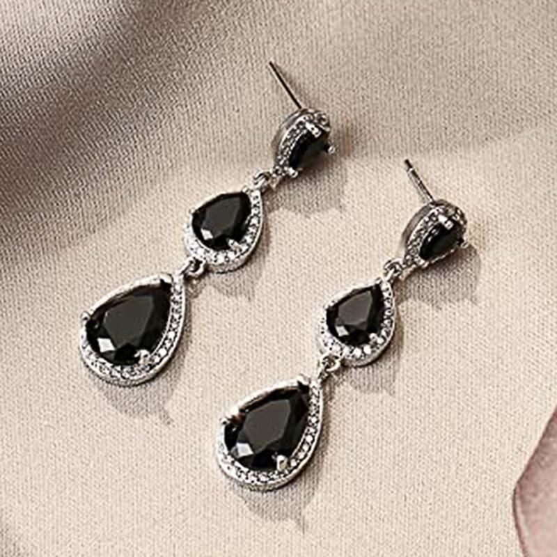 Huitan Black/Blue Pear Cubic Zirconia Long Hanging Earrings for Women Temperament Lady's Ear Accessories New Trendy Jewelry Bulk