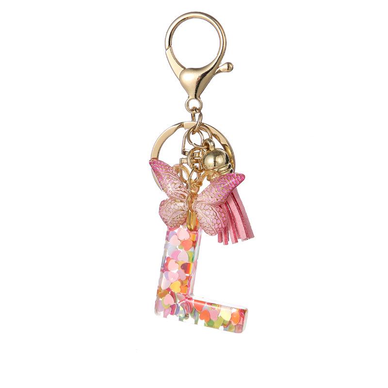 Pink Glitter Resin 26-Letter Keychain Butterfly Tassel Accessory Retro Durable Bag Charm Practical Gift For Girlfriend Best Friend