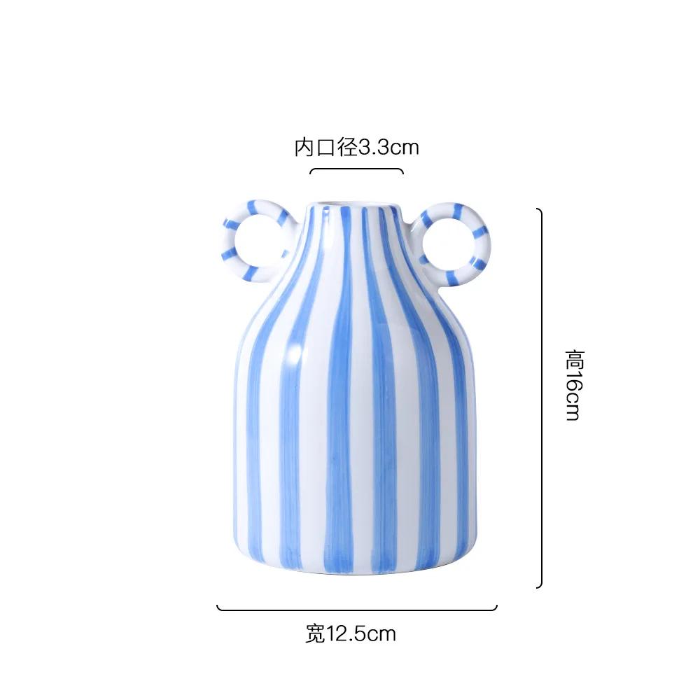 Geometric Striped Ceramic Vase Double-eared Ceramic Pot Shape Flower Vase Flower Arrangement Accessories Home Decoration