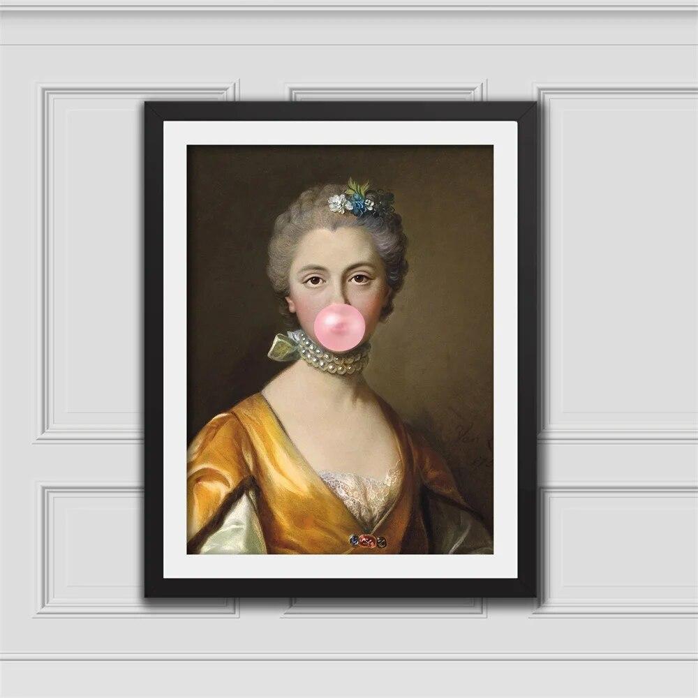 Elegant Lady Bubblegum Art Print Classical Oil Painting Canvas Prints Retro Woman Portrait Canvas Painting Renaissance Art Decor