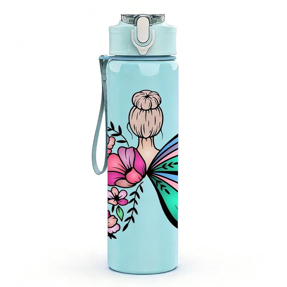 1PC Gradient Butterfly With Rose Print 750ml Color Plastic Sports Water Bottle Leakproof Flip Straw Lid Suitable for Sports Office Home Use