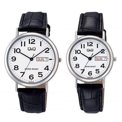 Q and Q Pair Watches A202A203-304 White Dial Black Leather Mens 35 Mm and Ladies 30 Mm