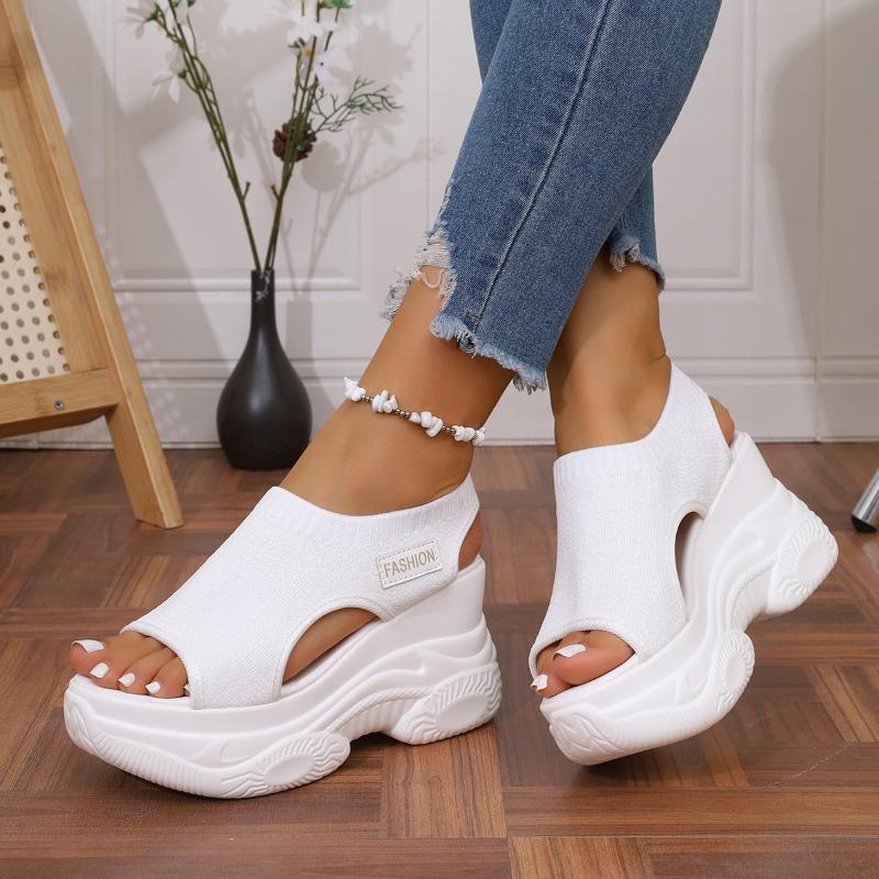 Summer New Knitted Shoes Fairy Fish-mouth Wind Cake Sole High Heels Flying Weave Slope Heel Thick Sole Sports Women's Sandals