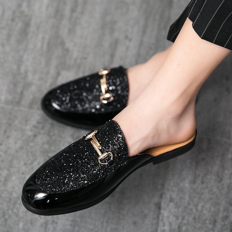 2023 Men's British Style Slip-On Sandals, Half-Open Toe, Closed-Toe, No-Back, Small Leather Shoes