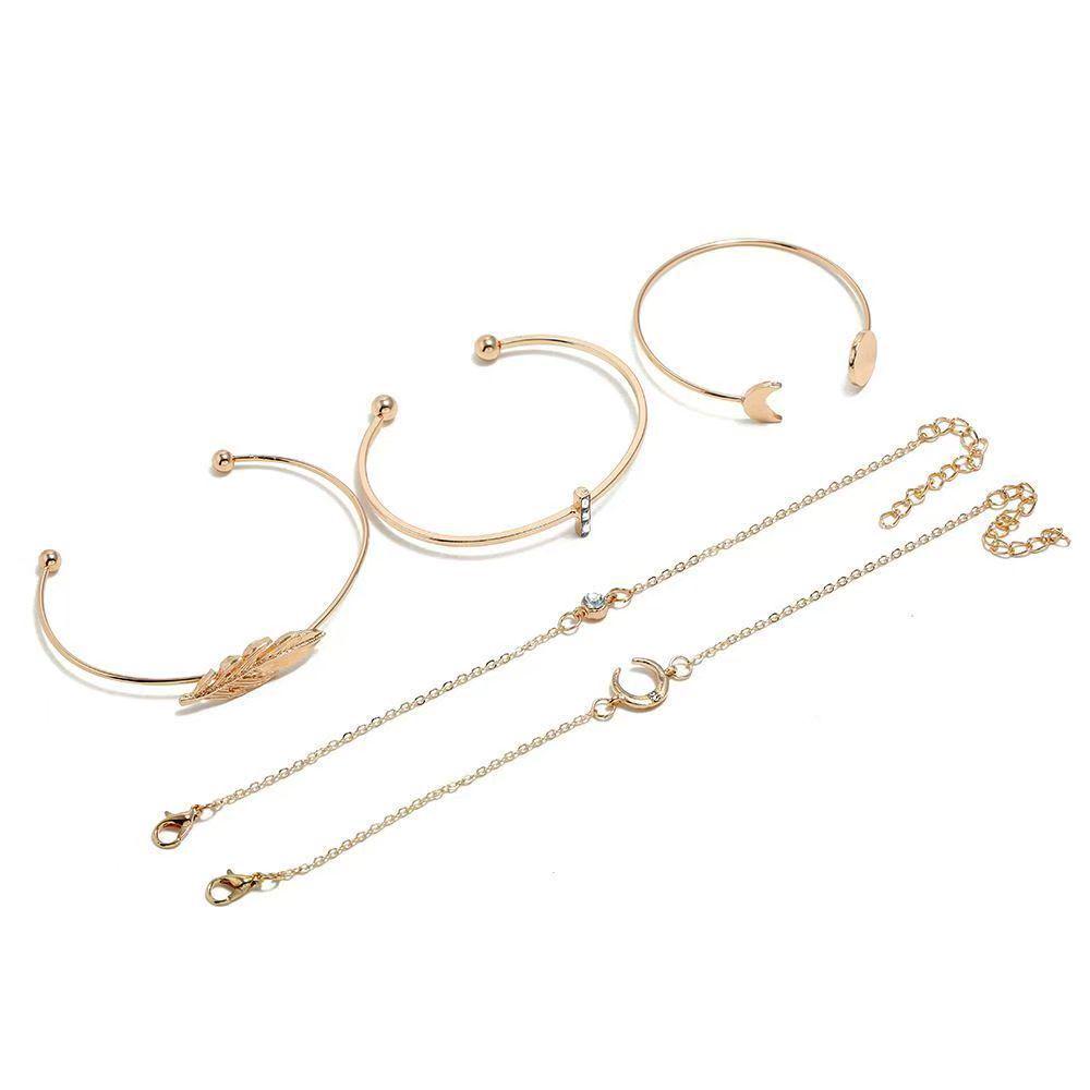 European & American Style Rhinestone Feather & Geometric Crescent Round Bracelet Set - 5 Pieces
