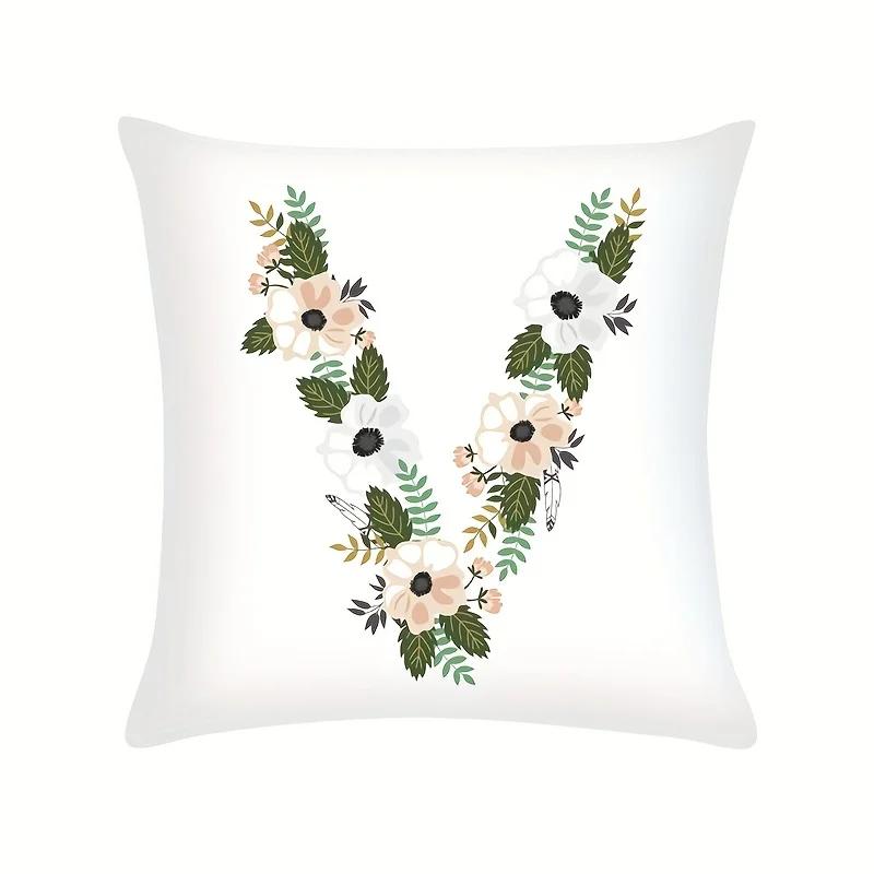 Plant Flowers Alphabet Printed Cushion Cover Spring Home Seat Decorative Pillowcase  Square Polyester Letters Pillow Cover
