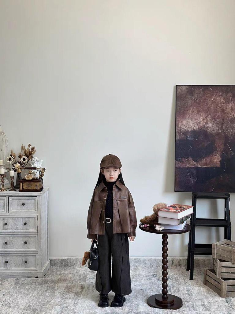 Girls' 2024 Autumn/Winter Sweet Retro Leather Jacket & Sweater Set with Wide-Leg Pants