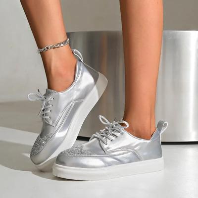 Damen Frühling Herbst Plateau Loafers Frau Runde Zehen Schnürer Designer Sneaker Sexy Elegant Silber Outdoor Lässig Mädchenschuhe