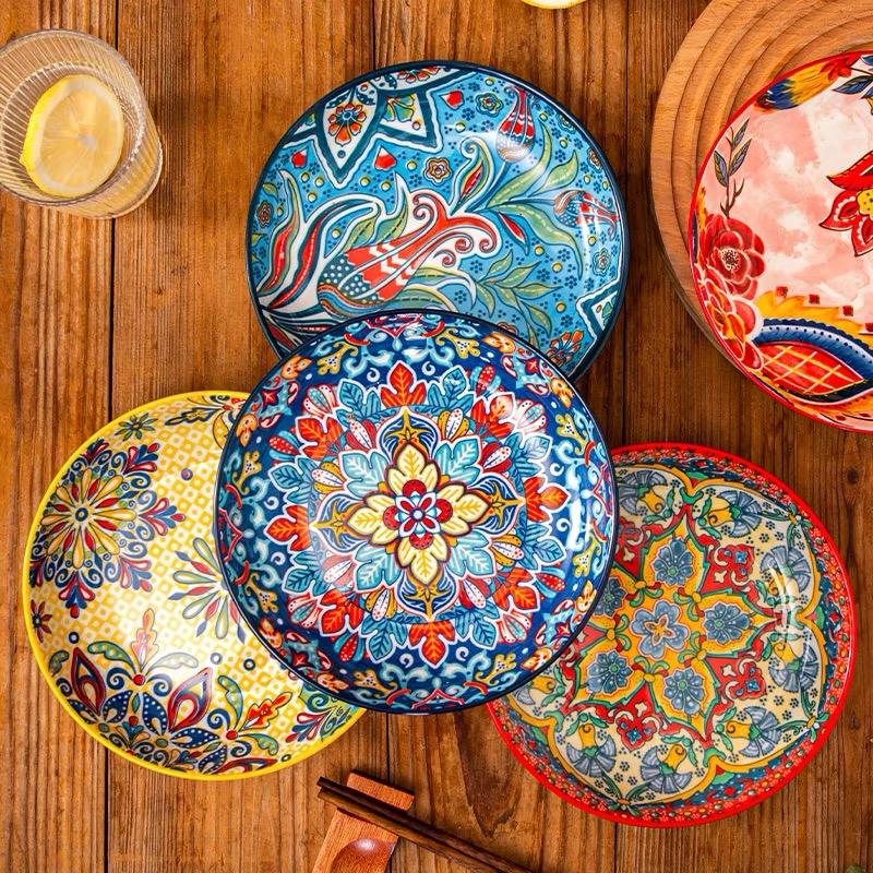 7in or 8in Bohemian Ceramic Plate High Appearance Level Home Creative Dish Plate Fruit Plate Steak Plate Deep Plate Disc Cutlery