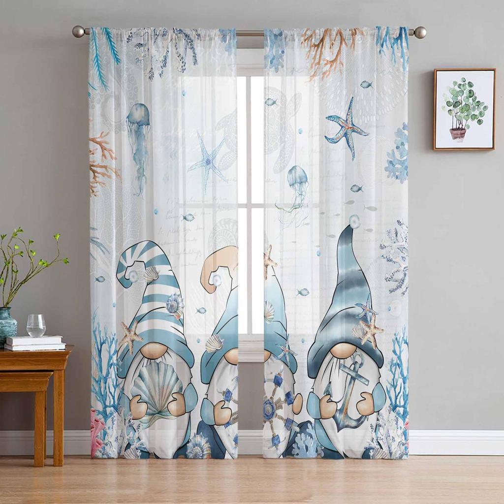 Fishing Net Starfish Lighthouse Beach Wooden Tulle Sheer Window Curtains for Living Room Bedroom Voile Organza Curtains Drapes