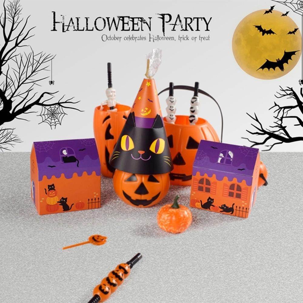 10pcs Pumpkin Halloween Candy Gift Box Ghost House Hollow Window Candy Packaging Box Black Cat Cartoon Cookie Box Bakery