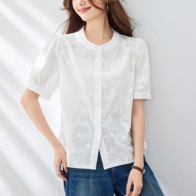 Apricot Embroidered Shirt for Women Short-sleeved Summer Clothes New Round Neck Top with Lightweight Cotton Shirt