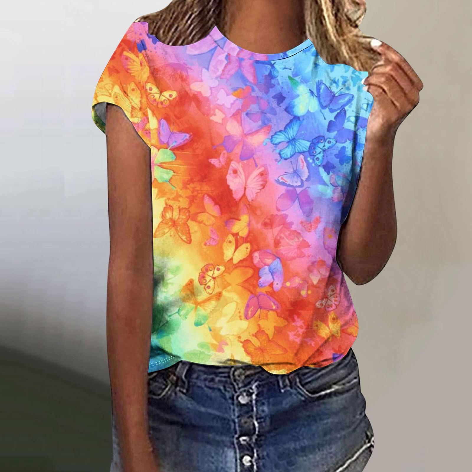 

Женская футболка с принтом «Цветок, птица, бабочка» 3D Футболка женская модная футболка с круглым вырезом и коротким рукавом большого размера Топы Футболки Одежда 6XL