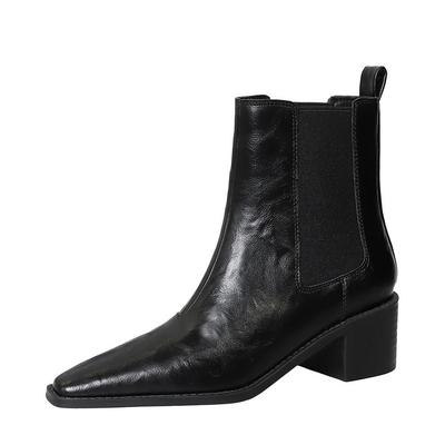 5cm Hoher Absatz Chelsea Kurzstiefel Damen Retro Britisch Spitze Vielseitig Skinny Elastisch Rauch Stiefel DS-578-22