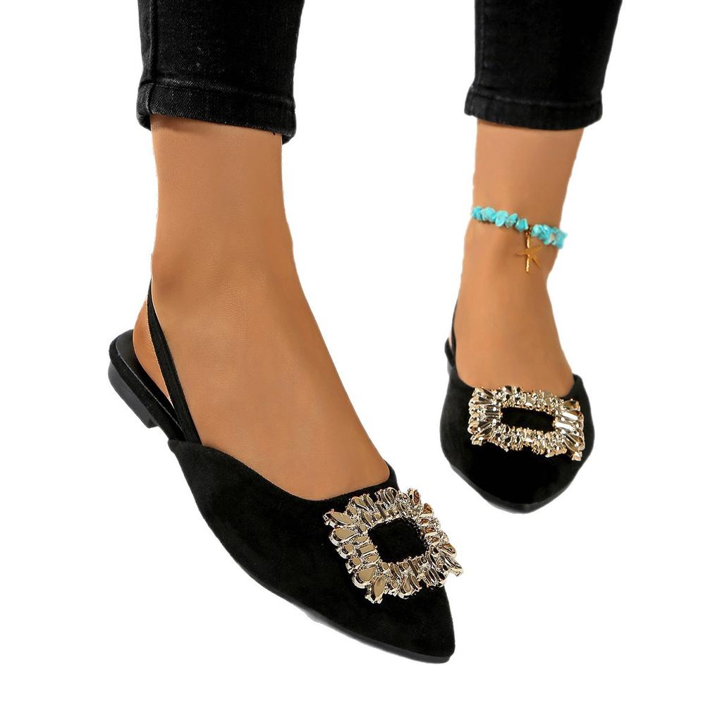 2025 new summer casual flat-bottomed bag head sandals women's fashion rhinestone square buckle large size pointed sandals women