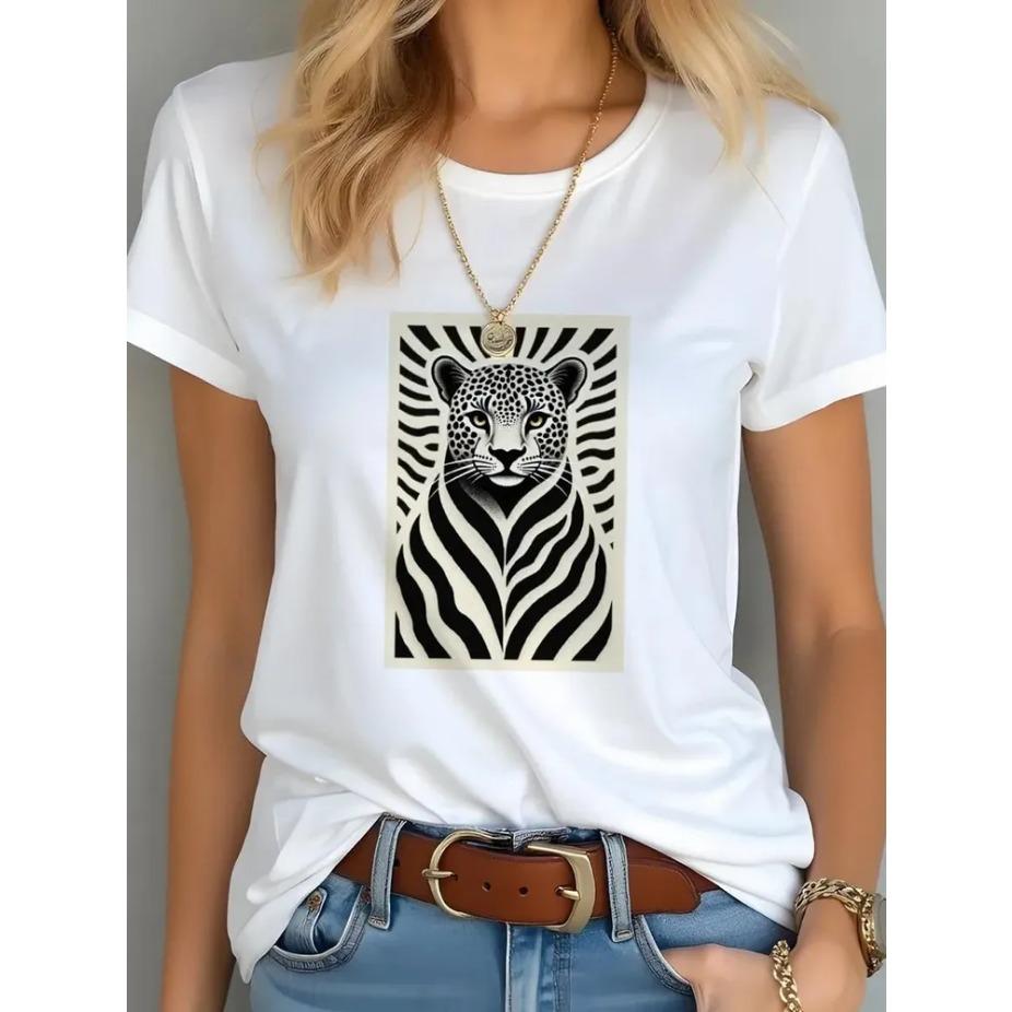 Women Cartoon Printed Short Sleeve O Neck T Shirt Cotton Summer Tees