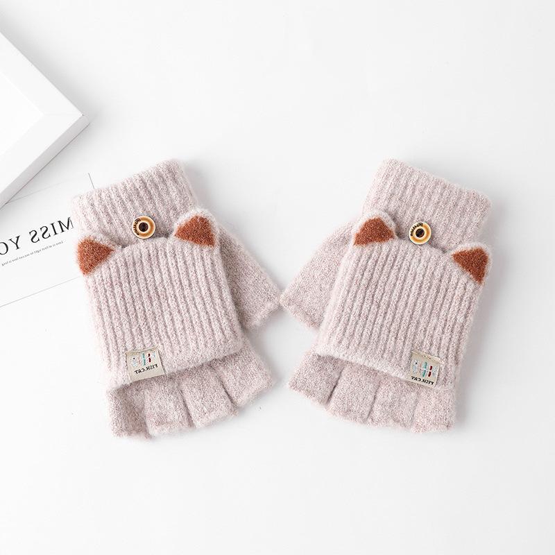 1Pair Cute Mittens Flip Half Finger Glove For Women Girls Winter Soft Warm Thick Gloves Student Cold Resistant Writing Gloves