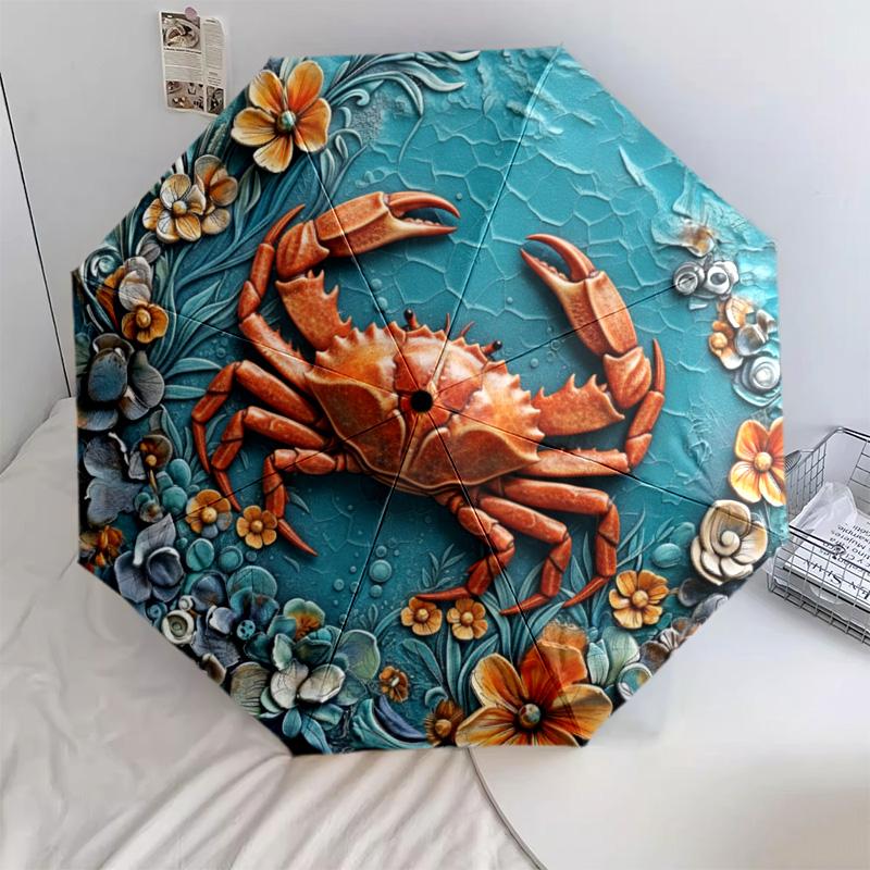 0106 Embossed Floral Marine Animals Pattern, Automatic Folding Umbrella, Portable and Foldable Design, 8 Ribs, a Christmas or Birthday Gift.