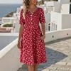 Summer New Floral Print V-neck Short Sleeve Midi Dress for Women, European Style Casual Ladies Dress