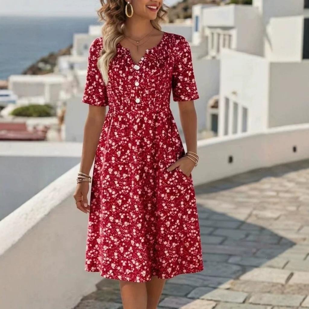 Summer New Floral Print V-neck Short Sleeve Midi Dress for Women, European Style Casual Ladies Dress
