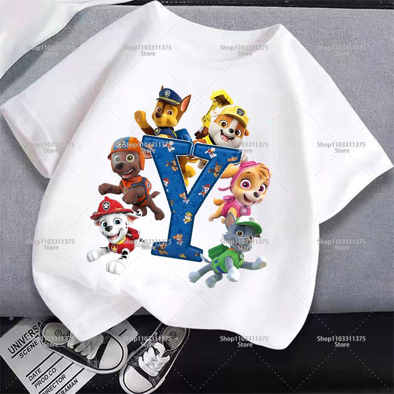 Cute PAW Patrol T-shirt Letter A-Z Boys Girls Clothes Short Sleeve Summer Cartoon Kids Birthday Toddler Cotton Outdoor Wear Gift
