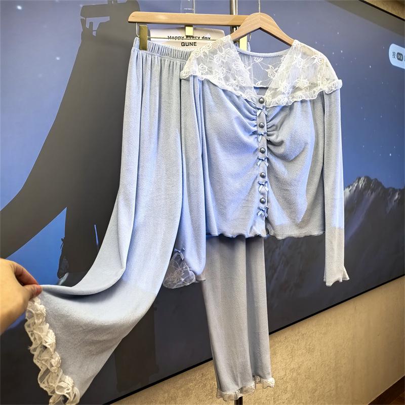 Damen Trendiger Herbst/Winter Pyjama mit Brustpolstern - Gemütliche, elegante und stilvolle Fleece-Homewear