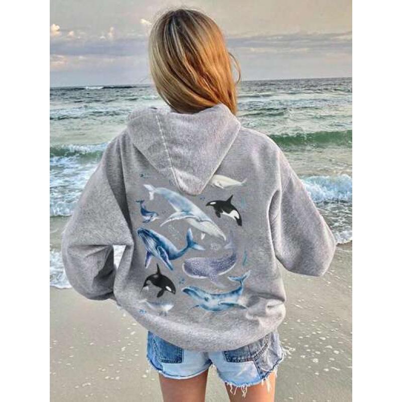 Women's American Style Ocean Print Hoodie - Autumn Winter Loose Fit