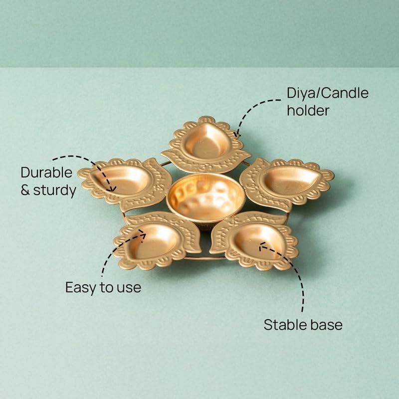 Candlestick-Diya, Star-Shaped Diya Plate with 6 Attached Lamps, Nestroots