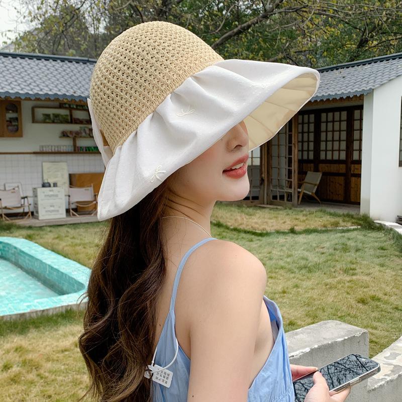 Hat women's summer new high-end pearl decoration knitted grass top sun hat outdoor sun protection empty top sun hat
