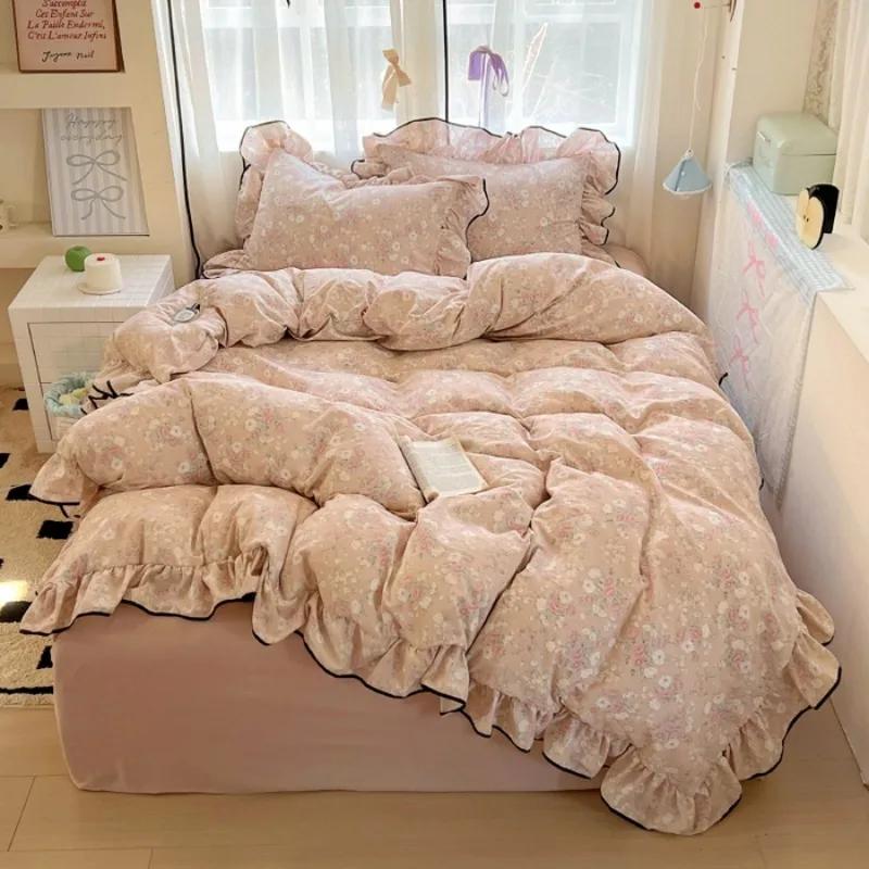 2025 New Cream Lace Girl Powder Grid Korean Version Bed 4-piece Set Washed Cotton Double-layer Yarn Quilt Cover Dormitory